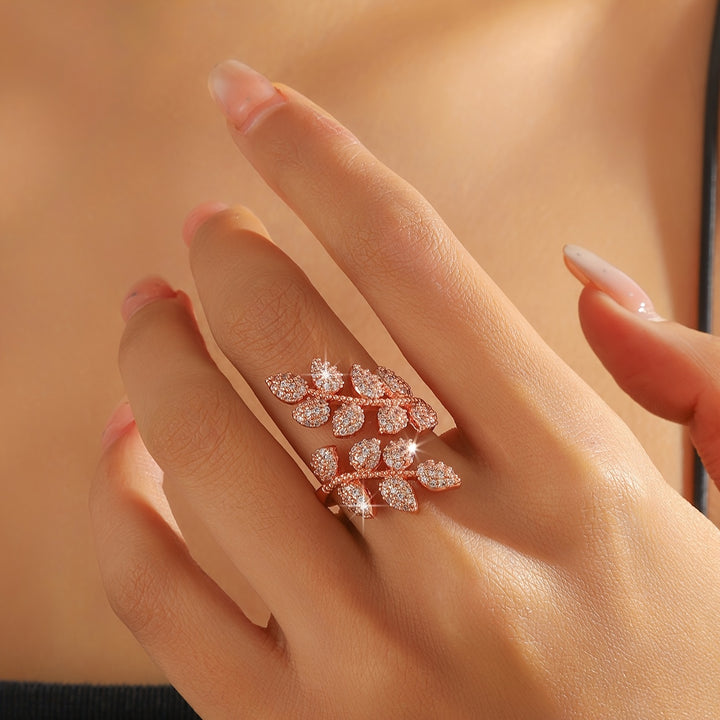 Anillo de Cobre Ajustable Elegante con Diseño de Hoja y Trigo de Circonita Brillante - Perfecto para Fiestas y Regalos, Uso en Todas las Estaciones