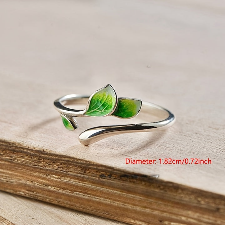 Anillo Abierto Ajustable Elegante con Hoja Verde, Diseño Único de Aleación para Uso Diario y Regalos