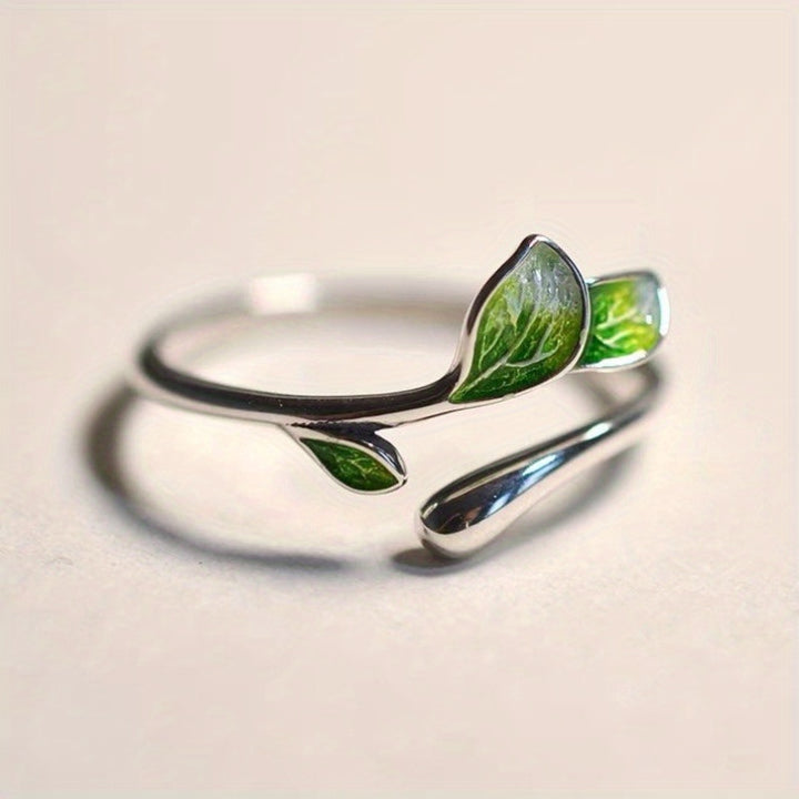Anillo Abierto Ajustable Elegante con Hoja Verde, Diseño Único de Aleación para Uso Diario y Regalos