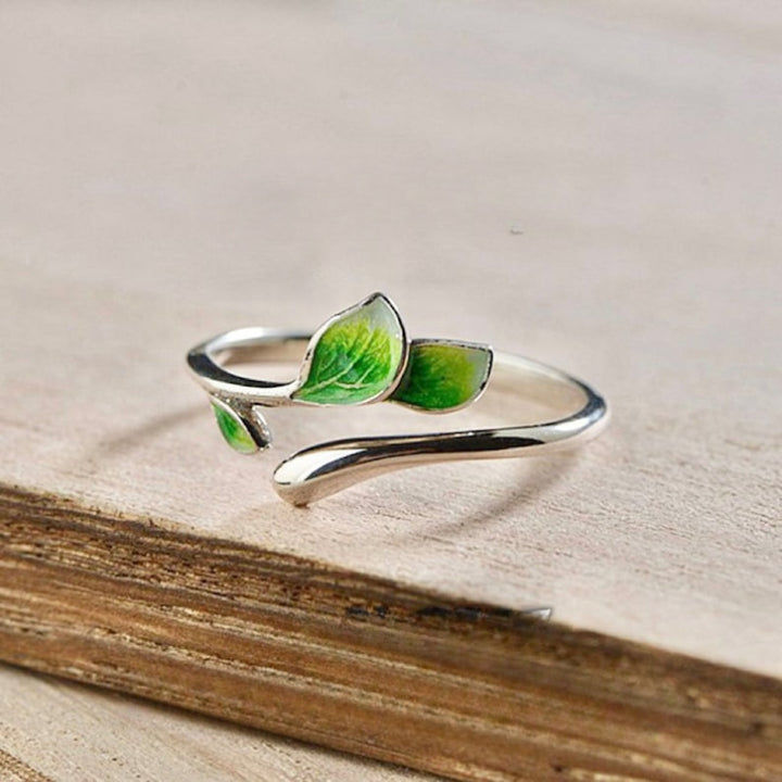 Anillo Abierto Ajustable Elegante con Hoja Verde, Diseño Único de Aleación para Uso Diario y Regalos