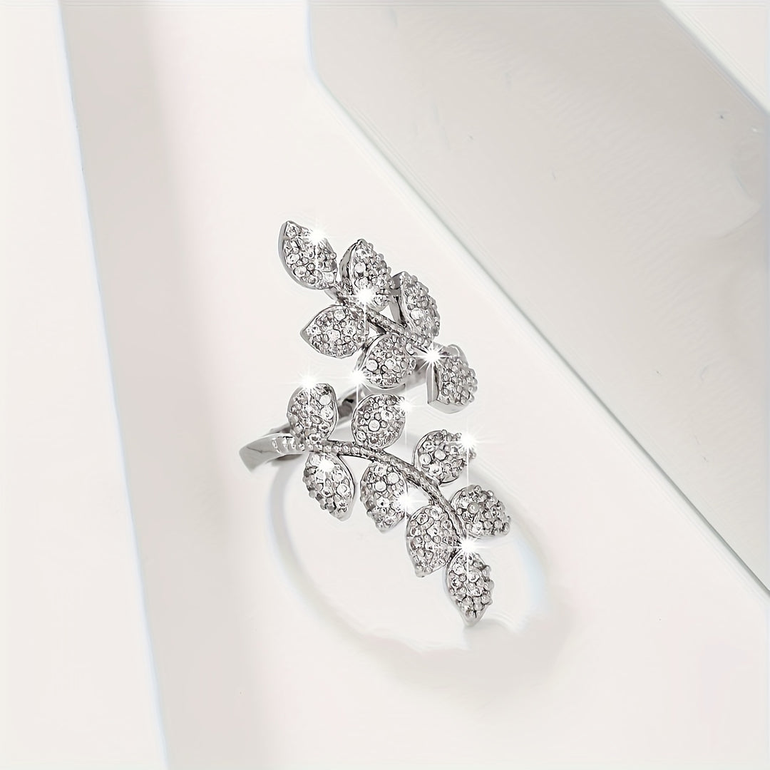 Anillo de Cobre Ajustable Elegante con Diseño de Hoja y Trigo de Circonita Brillante - Perfecto para Fiestas y Regalos, Uso en Todas las Estaciones