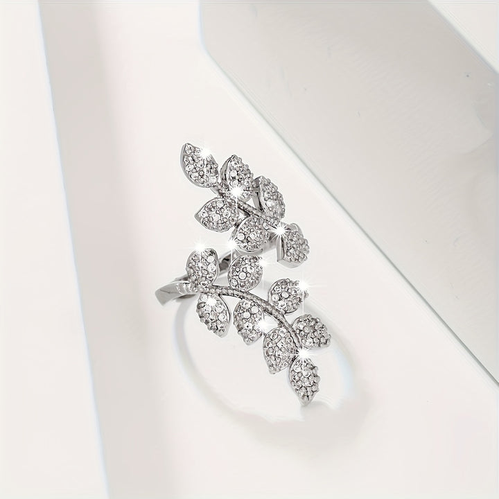 Anillo de Cobre Ajustable Elegante con Diseño de Hoja y Trigo de Circonita Brillante - Perfecto para Fiestas y Regalos, Uso en Todas las Estaciones
