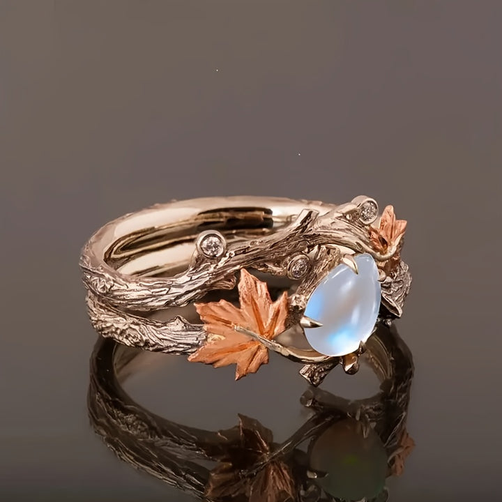 Anillo Apilable de Hoja de Arce Vintage con Piedra Azul y Detalles en Cobre - Diseño Complejo de Rama, Banda de Aleación Pulida - Perfecto para Atuendo Casual o Regalo en San Valentín, Día de la Madre/Padre u Ocasiones Especiales, Joyería de Uso Diario |