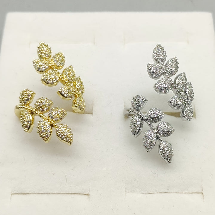 Anillo de Cobre Ajustable Elegante con Diseño de Hoja y Trigo de Circonita Brillante - Perfecto para Fiestas y Regalos, Uso en Todas las Estaciones