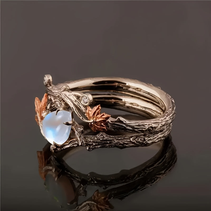 Anillo Apilable de Hoja de Arce Vintage con Piedra Azul y Detalles en Cobre - Diseño Complejo de Rama, Banda de Aleación Pulida - Perfecto para Atuendo Casual o Regalo en San Valentín, Día de la Madre/Padre u Ocasiones Especiales, Joyería de Uso Diario |