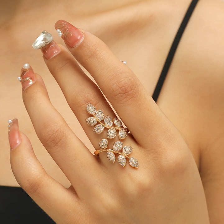 Anillo de Cobre Ajustable Elegante con Diseño de Hoja y Trigo de Circonita Brillante - Perfecto para Fiestas y Regalos, Uso en Todas las Estaciones