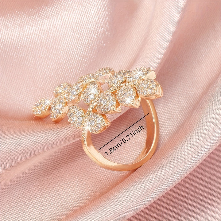 Anillo de Cobre Ajustable Elegante con Diseño de Hoja y Trigo de Circonita Brillante - Perfecto para Fiestas y Regalos, Uso en Todas las Estaciones