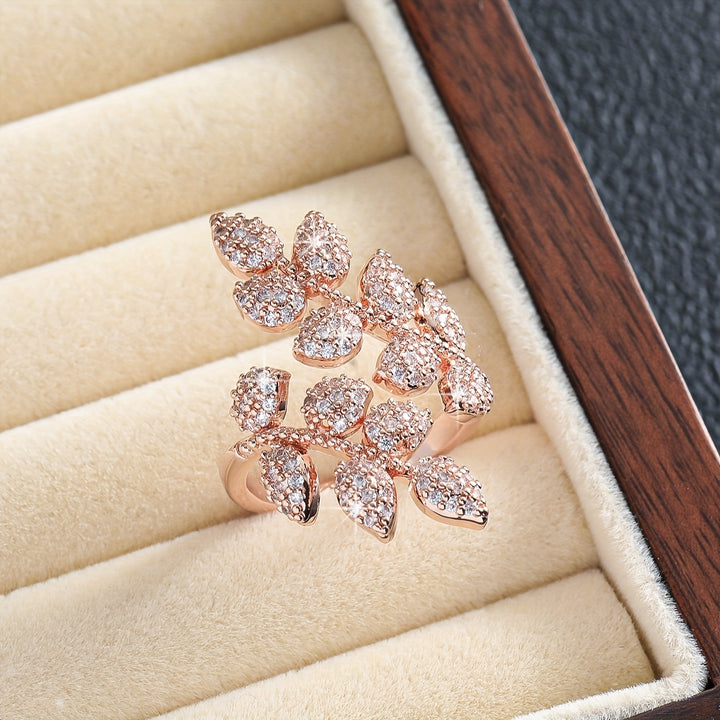 Anillo de Cobre Ajustable Elegante con Diseño de Hoja y Trigo de Circonita Brillante - Perfecto para Fiestas y Regalos, Uso en Todas las Estaciones
