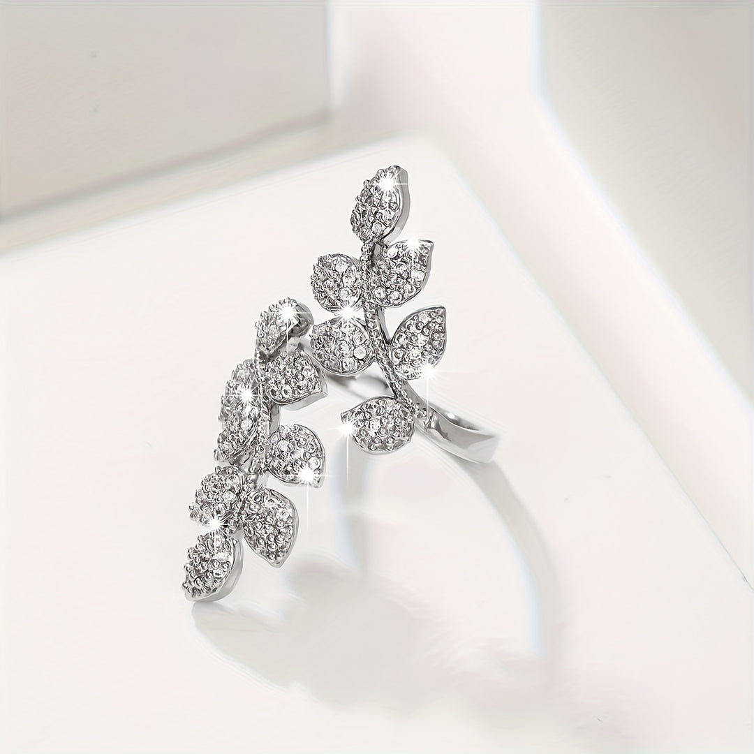 Anillo de Cobre Ajustable Elegante con Diseño de Hoja y Trigo de Circonita Brillante - Perfecto para Fiestas y Regalos, Uso en Todas las Estaciones