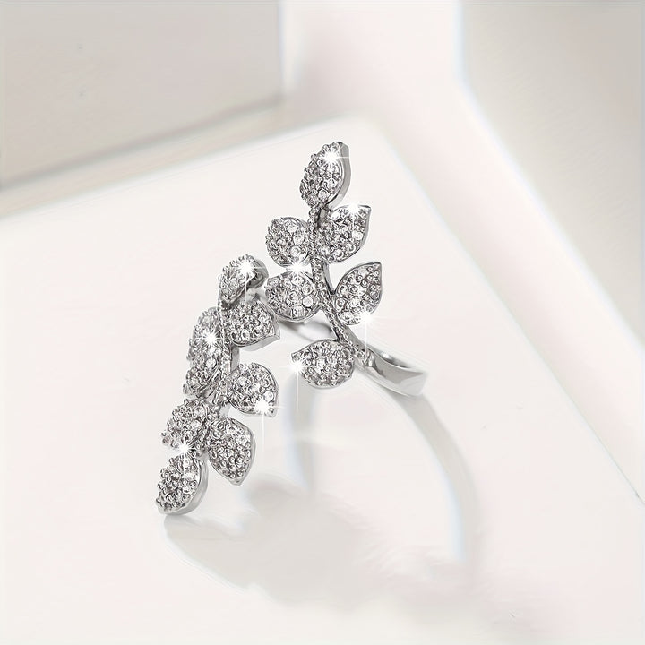Anillo de Cobre Ajustable Elegante con Diseño de Hoja y Trigo de Circonita Brillante - Perfecto para Fiestas y Regalos, Uso en Todas las Estaciones