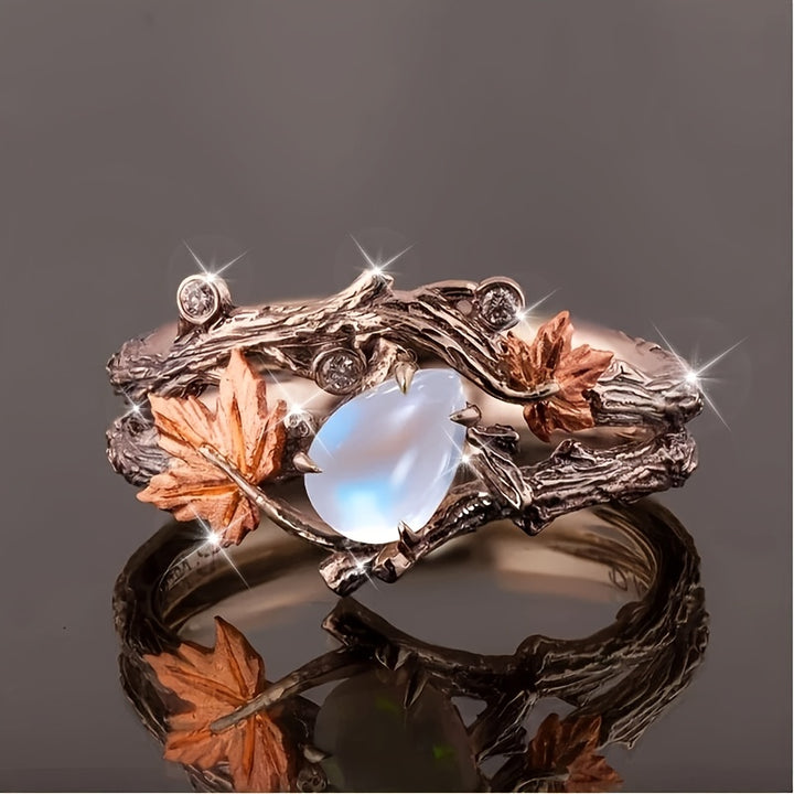Anillo Apilable de Hoja de Arce Vintage con Piedra Azul y Detalles en Cobre - Diseño Complejo de Rama, Banda de Aleación Pulida - Perfecto para Atuendo Casual o Regalo en San Valentín, Día de la Madre/Padre u Ocasiones Especiales, Joyería de Uso Diario |
