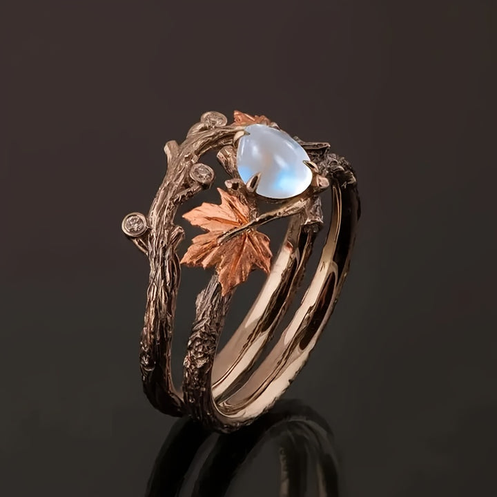 Anillo Apilable de Hoja de Arce Vintage con Piedra Azul y Detalles en Cobre - Diseño Complejo de Rama, Banda de Aleación Pulida - Perfecto para Atuendo Casual o Regalo en San Valentín, Día de la Madre/Padre u Ocasiones Especiales, Joyería de Uso Diario |